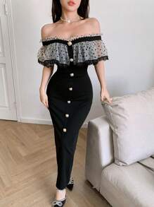 Feyla Abito donna di media lunghezza con scollo spalle scoperte, arricciatura e inserti in rete a pois