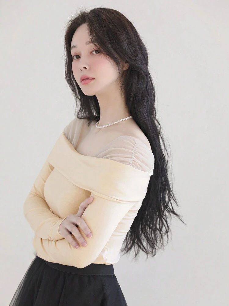 Women's Elegant Off-Shoulder T-Shirt With Mesh Panel,Fall Clothes Long Sleeve Going Out Tops Women