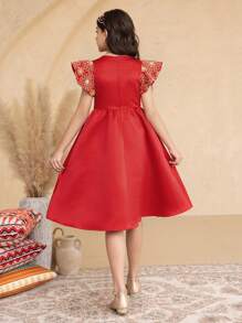 Tween Girls Elegant Embroidered Splice Cap Sleeve Dress - Green - View 2