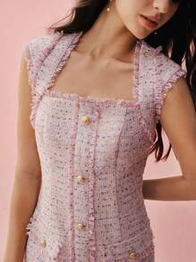 Enchnt 女式纯色前扣拼接迷你连衣裙，流苏下摆，简约设计