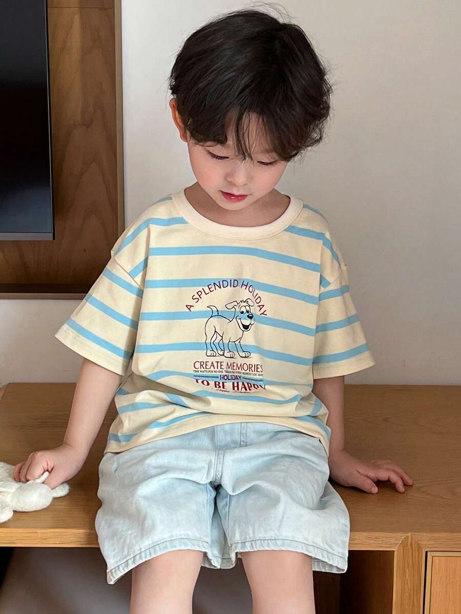 Dazy Kids Striped Short Sleeve T-Shirt With "Young Boy" Cartoon Print