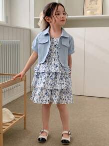 DAZY 2 Stücke/Set Kleine Mädchen Herbstoutfit mit Blumenmuster - Blau - Übersicht 2