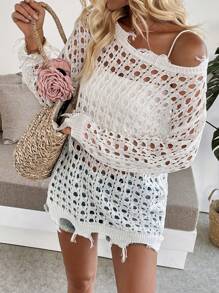 Breezaya Solid Color Long Sleeve Loose Knit Sweater With Hollow Design & Tassel Trim Knit Pullover Fall Winter - White - View 1