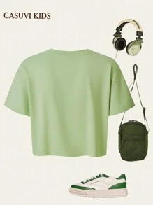 SHEIN 1 pezzo Maglietta verde casual e chic da ragazza, versatile, con spalle scoperte, collo rotondo e maniche corte, adatta per la primavera/estate