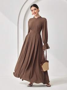 Veilorie 朴素休闲纯色褶皱连衣裙 - 棕色 - 查看 7