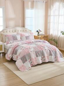 3pcs Floral Print Polyester Boho Vintage Style Bedspread Set, Includes 1 Bedspread & 2 Pillow Shams, Suitable For Home Bedroom, All Season Decor, Bedroom Setting