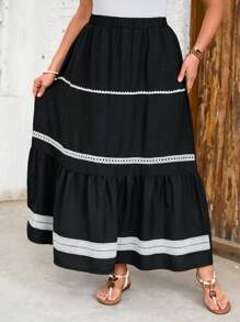 SHEIN LUNE Plus Size Women Floral Lace Patchwork Loose A-Line Hem Long Skirt, Versatile For Spring And Summer - Black - View 4