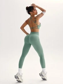 Slayform Women's Sports Set: Cross-Strap Backless Vest & Pantswomen Workout Set - Olive Green - View 4