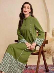 Al Najma 女士休闲拼色宽松连衣裙，端庄 - 藍色 - 查看 1