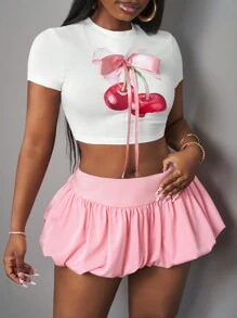 Slaydiva Summer Music Festival Back To School Season New Sexy And Elegant Daily Date Sweet And Cute Valentine's Day Wrapped Bra Tube Top Heart Collar Cropped Top Mini Skirt Imitation Lace Splicing Straps Printed Black Contrasting Rose Red Women's Two-Piece Set-G