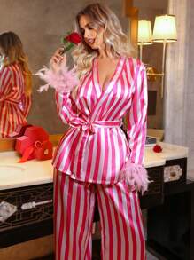 SHEIN Valentine's Day Striped Luxury Feather Satin Sleepwear Set, Long Sleeve Top And Pants For Women - Pink - View 3