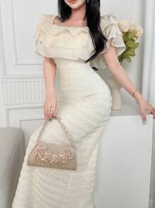 Feyla 女士纯色露肩修身优雅连衣裙 - 杏色 - 查看 1