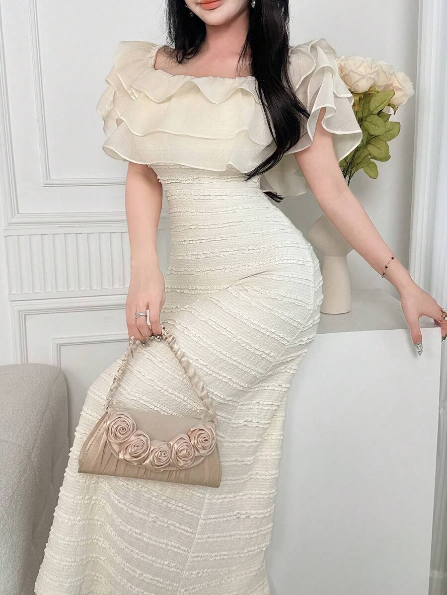 Feyla 女士纯色露肩修身优雅连衣裙 - 杏色 - 查看 1