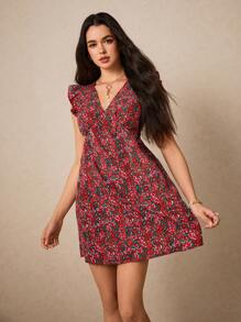 Poéselle Rochie de vară roșie mică cu imprimeu floral și decolteu în V, cu volane și curea, rochie de vară cu mâneci scurte și imprimeu floral mic