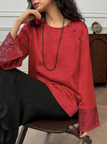 EastFlair 提花印花缎面拼布亮片优雅中式上衣 - 紅色 - 查看 6