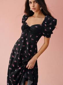 Enchnt Váy dài tay bồng ngắn in họa tiết chấm bi và hoa hồng dễ thương mùa xuân/hè lãng mạn cho nữ, ngọt ngào và thanh lịch cho ngày lễ và ngày hẹn hò ngọt ngào và đi làm hàng ngày - màu đen - Xem 3