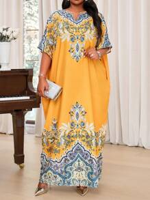 Fleurora Plus Size Summer Birthday Party Dress V Neck Short Sleeve Simple Maxi Casual Dress, Yellow Floral Holiday Robe