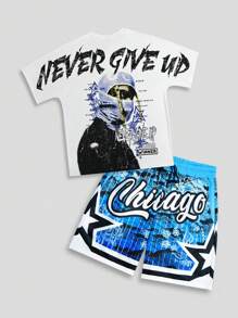 ROMWE MEN Street Life Men's Letter Print Round Neck Short Sleeve Casual Basketball Jersey Style T-Shirt And Drawstring Waist Shorts Street Outfit Set - White - View 1