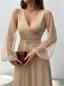 EURMUSE Dor Jacquard Sleeve Detailed Beige Long Dress For Going Out - Beige - View 6