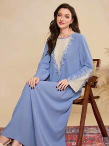 Al Najma Women's Everyday Color Block Sleeve Patch Floral Lace Trim Loose Traditional Dress Kaftan Jalabiya Dress - Blue - View 5