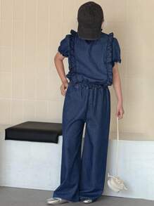 DAZY 2pcs/Set Tween Girl Denim Crew Neck Short Sleeve Top And Wide Leg Denim Pants Outfit, Fall - Blue - View 7