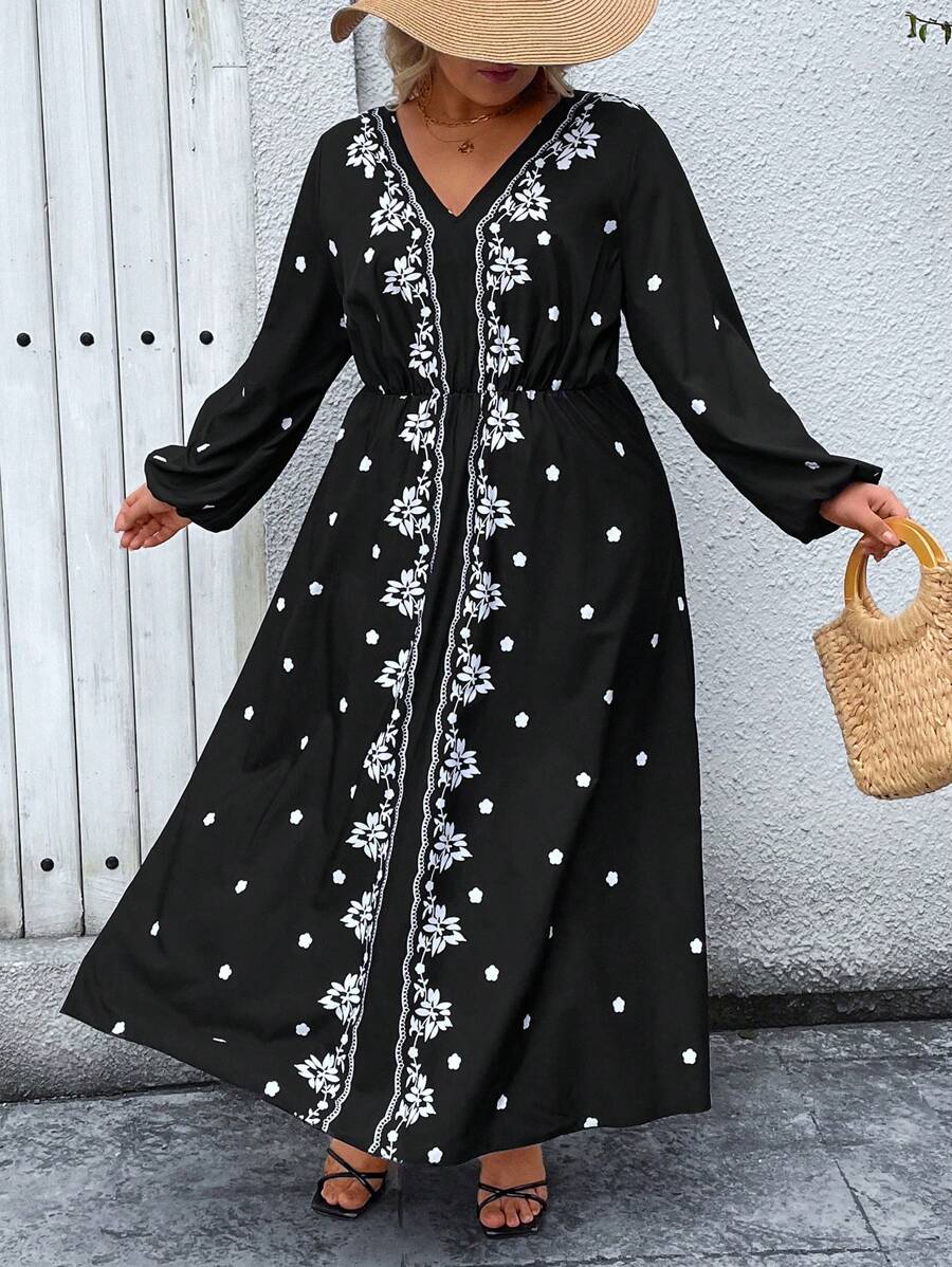 EMERY ROSE فستان نسائي متناسق الوسط مطبوع بياقة على شكل حرف V للمقاسات الكبيرة، فستان كازوال للأعياد - الأسود - مشاهدة 1
