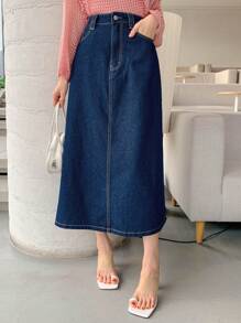 DAZY Women's Pocket Design Long Casual Versatile Denim Skirt Summer
