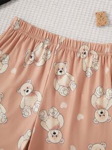 Tween Girls Cute Cartoon Print Pajama Set With Round Neck T-Shirt And Shorts - Black - View 8