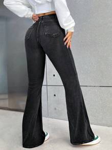 SHEIN EZwear 女式前扣口袋设计休闲喇叭牛仔裤 - 黑色 - 查看 2