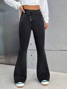 SHEIN EZwear 女式前扣口袋设计休闲喇叭牛仔裤 - 黑色 - 查看 5