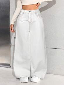 SHEIN 深蓝色牛仔宽松阔腿裤，适合少女 - 白色 - 查看 4