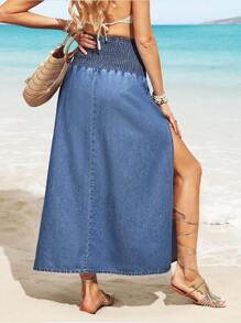 Breezaya Women's Slit Hem Simple Denim Skirt, Casual Vacation - Blue - View 2
