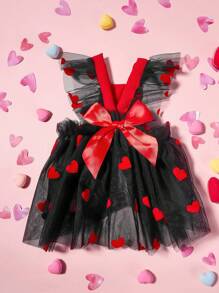 PETSIN 1pc Universal Pet Valentine's Day Black Cap Sleeve Harness Dress With Red Heart Flocked Mesh Charming And Cute Dog Dress - Multicolor - View 2