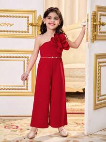 SHEIN Young Girl Solid Color Knit Racer Back Romper - Red - View 7