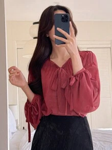 DAZY 优雅通勤夏季上衣，纯色宽松系带长袖女式衬衫学院风上衣 - 紅色 - 查看 1