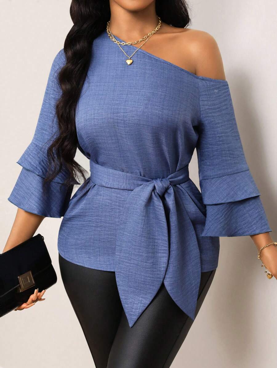 Lunelith SHEIN Lunessa 牛仔效果不对称肩部荷叶边袖系带衬衫 - 藍色 - 查看 1