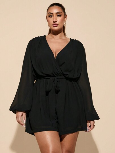 SHEIN BAE Plus Size Women's Elegant Sweet Party Romper, Black Overlap Deep V-Neck Elastic Waist Loose Long Sleeve, Suitable For Carnival, Beach, Vacation, Back To School, Commuting, Fashion, Daily Wear, Date, Party
