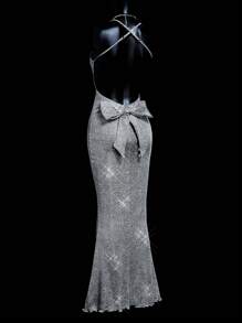 SHEIN ICON Sparkling Silver Crystal Diamond Dress For Women: Mermaid Style Formal Evening Gown,Prom Dress