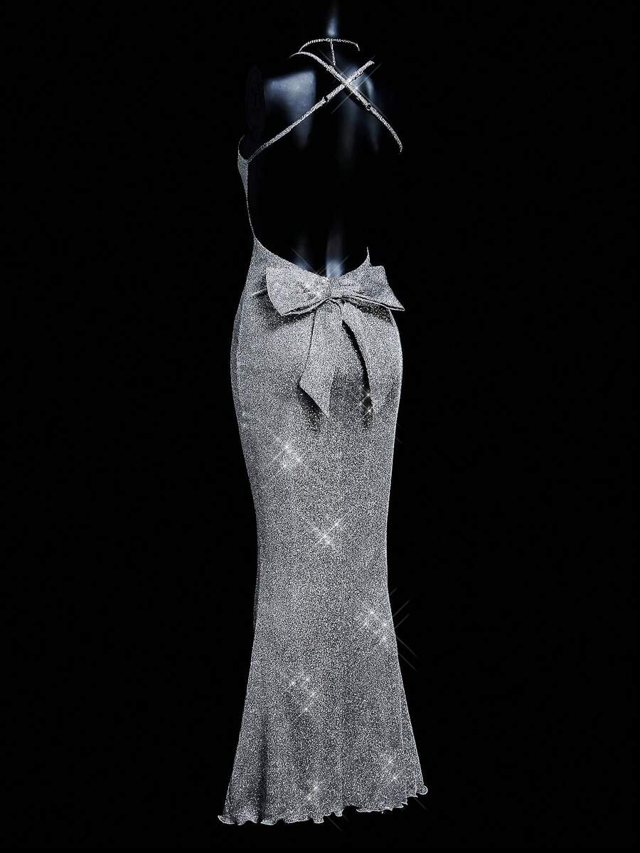 SHEIN ICON Sparkling Silver Crystal Diamond Dress For Women: Mermaid Style Formal Evening Gown,Prom Dress