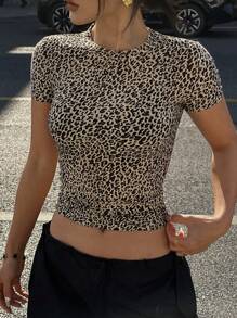 DAZY 豹纹修身圆领 T 恤，简约休闲日常穿着 - 棕色 - 查看 8