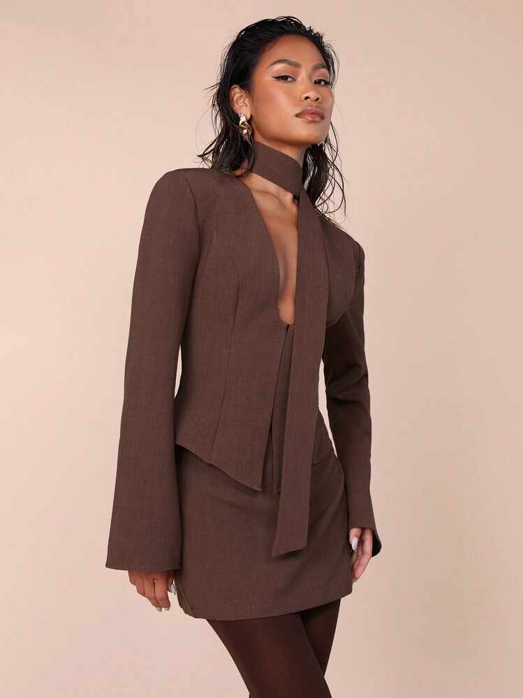 COSMINA Set de 2 piezas de Top de manga larga y falda de unicolor casual para mujeres - Caqui - Añade 4