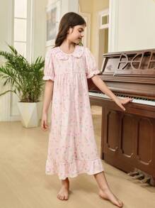 Tween-Mädchen Niedliches kurzärmliges Nachthemd mit Rüschenbesatz und Kaninchen- und Blumenmuster, geeignet für die Freizeit und zu Hause, Alltagskleidung, passende Geschwister-Outfits (2 Teile separat erhältlich)