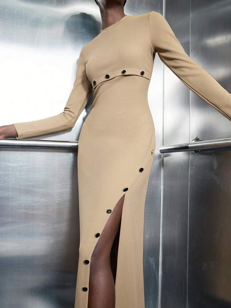 SHEIN Maija Women's Solid Color Simple Daily Round Neck Long Sleeve Long Winter Knit Dress Business Casual Women's Wear, Office Wear, Low-Key Old Money Style, Effortless Temperament, High-End Urban Commuting, The Same Style As The Editor-In-Chief Of The Magazine, Urban Social Vacation Party Wear, Charming, Low-Key And Durable Basic Style, Versatile And Not Picky Clothing, Street Fashion Wear, Clothing, Coffee Shop, Relaxed Wear