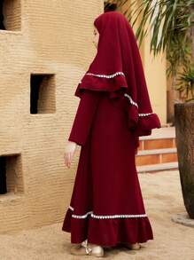 Young Girl Ruffle Trim Hooded Long Sleeve Middle East Style Dress - Burgundy - View 2