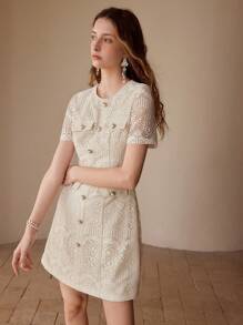 MOTF FASHIONABLE POINTELLE DECOR ROUND NECK FITTED SHORT SLEEVE MINI DRESS