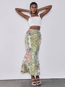 Chiquease 波西米亚风松紧腰带佩斯利印花时尚百搭美人鱼下摆裙子