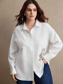 Anewsta 钩针拼布曲线优雅宽松大码女式衬衫，适合夏季度假 - 白色 - 查看 4