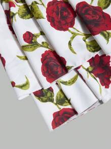 Teen Girls Red Rose Floral Bubble Sleeve Waist Fit Short Dress, Suitable For Spring/Summer, Holiday