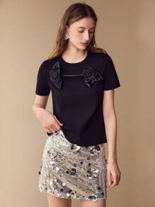 MOTF 立体花卉镂空 T 恤 - 黑色 - 查看 6