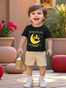 SHEIN Leap Crew Baby Boys Cute Cartoon Print Short Sleeve T-Shirt And Shorts 2 Pieces Set, Summer - Multicolor - View 1